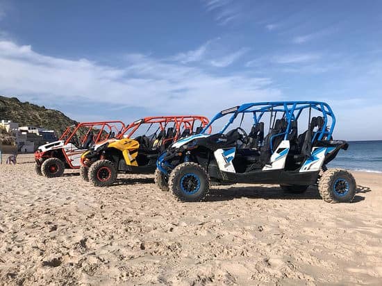 Buggies alignés sur le sable face à la mer